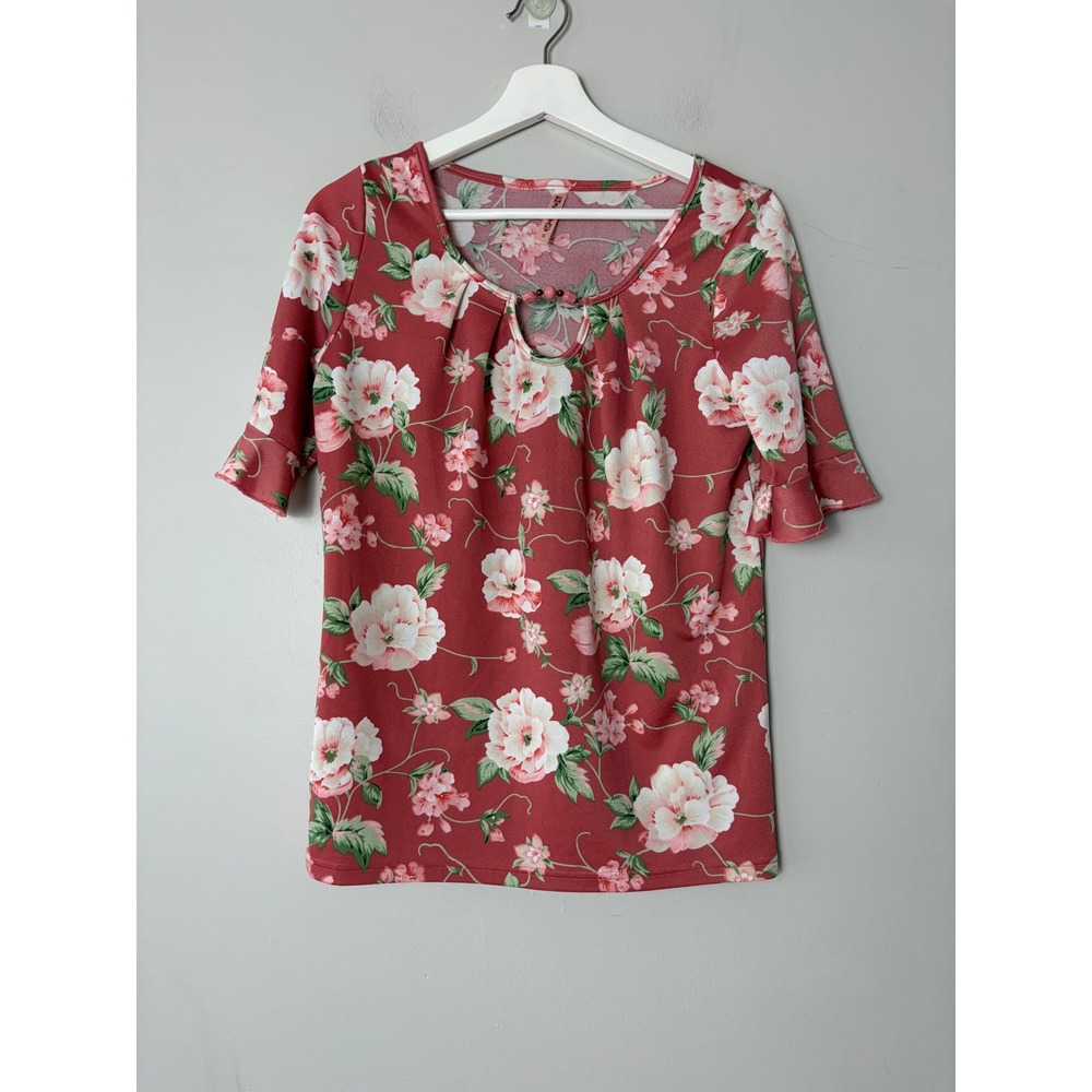 Emily Stacy Floral Keyhole Blouse‎ Red Pink White Short Ruffle Sleeve Top Small